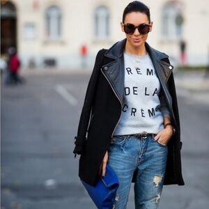 ZARA iconic biker coat lamb leather collar zips wool size M fits 6 military